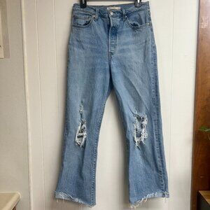 Levi's Ribcage Straight Light Wash Distressed Button Fly Raw Hem Jeans Size 29
